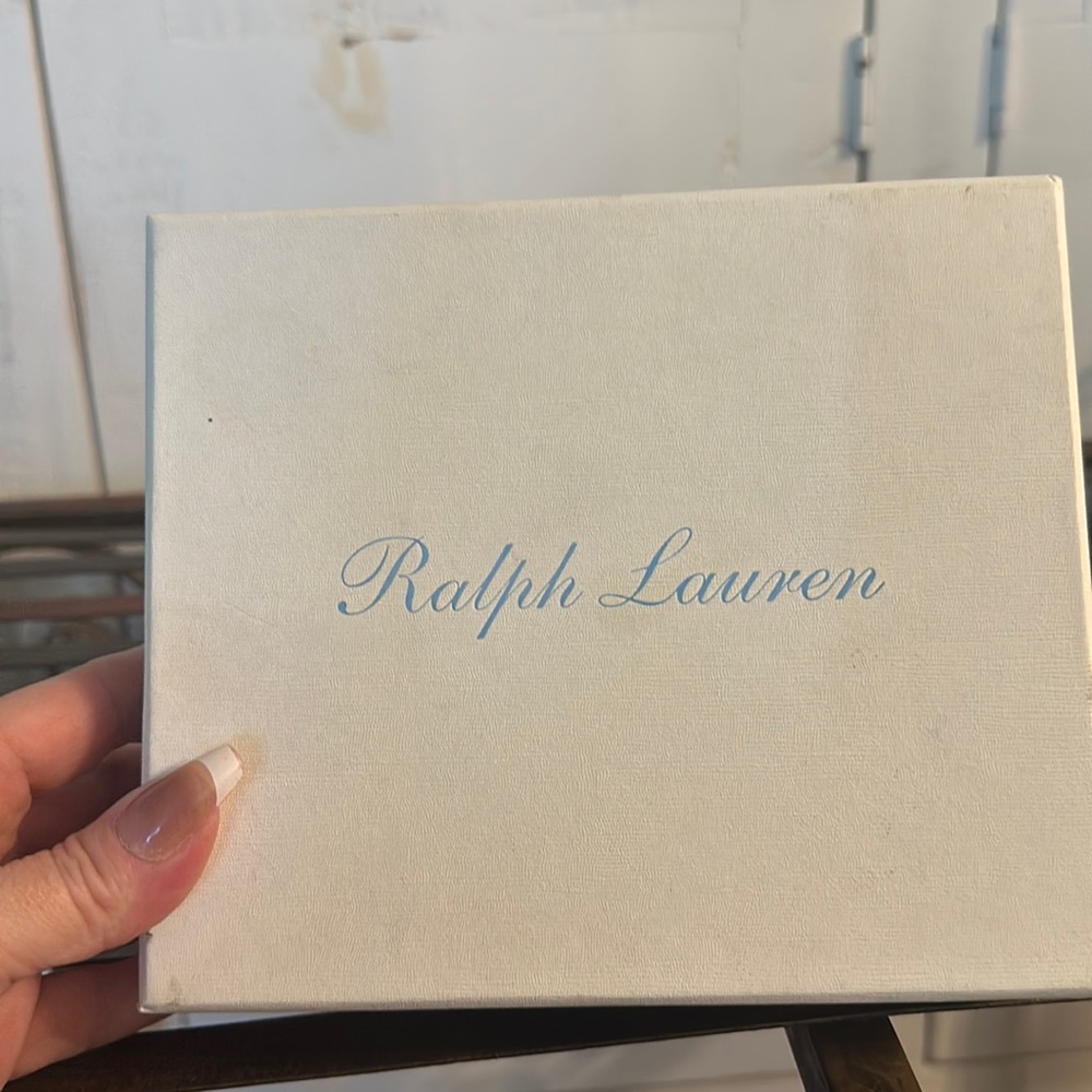 Ralph Lauren white gift box with baby blue interior, ribbon included.